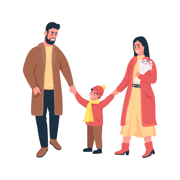 家庭在冬季行走半平色向量字符图片下载