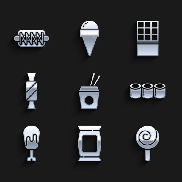 设置亚洲面条和筷子，袋或包薯片，棒棒糖，寿司，鸡腿，糖果，巧克力棒和热狗三明治图标。向量图片下载