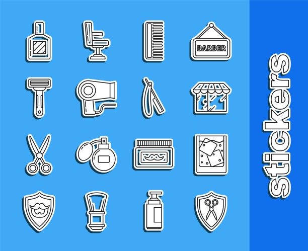 设置线剪刀发型师和盾牌，玻璃杯威士忌冰块，理发店大楼，发刷，烘干机，剃须刀，须后水和直的图标。向量图片下载