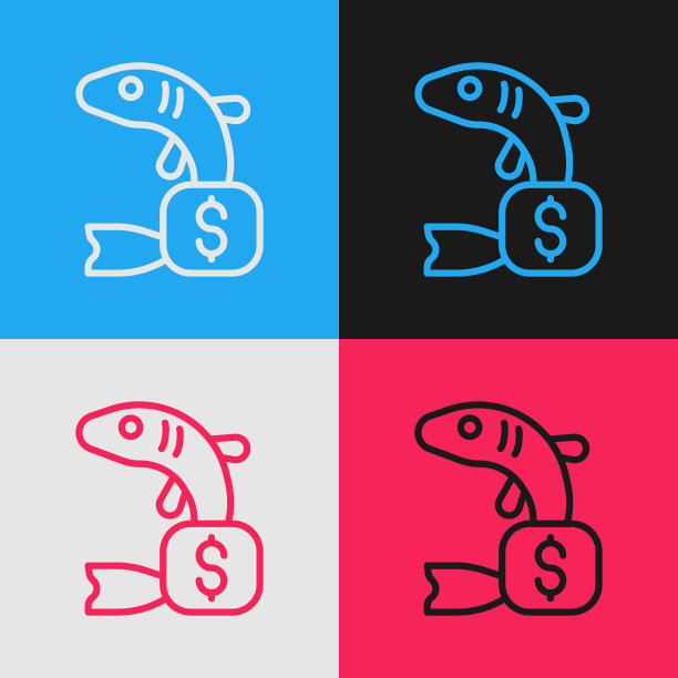 流行艺术线价格标签的鱼图标孤立的颜色背景。向量图片下载