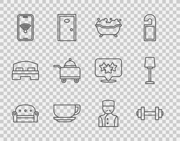 沙发，哑铃，浴缸，咖啡杯，无线无线手机，有盖托盘食物，礼宾和台灯图标。向量图片下载