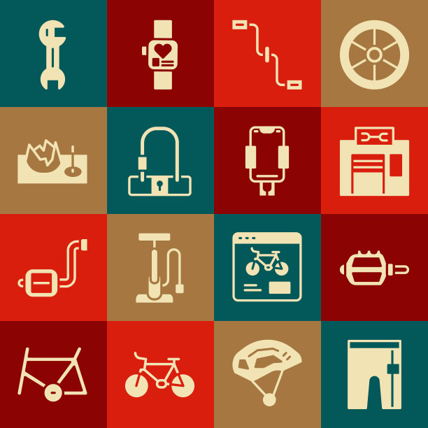 设置自行车短裤，自行车踏板，维修服务，踏板，锁，在街道坡道，扳手扳手和移动支架图标。向量图片下载