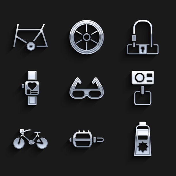 设置运动自行车太阳镜，自行车踏板，防晒霜管，行动极端相机，智能手表，锁和框架图标。向量图片下载