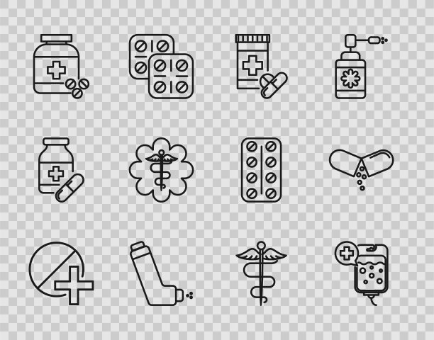设线药丸或片剂、静脉输液袋、药瓶及丸剂、吸入器、急救星医药符号、墨杖蛇杖、图标等。向量图片下载