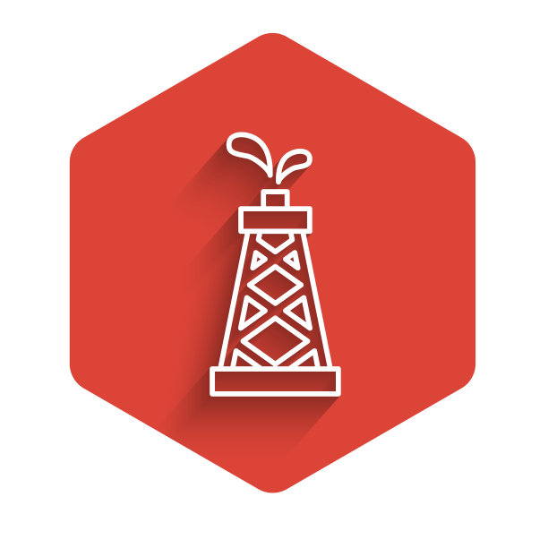 白线石油钻塔图标与长阴影背景隔离。气塔。工业对象。红色的六角按钮。向量图片下载