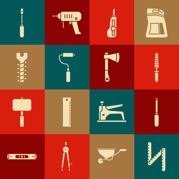 集合折叠尺，螺丝刀，凿子工具，文具刀，油漆辊刷，金属螺丝，木斧图标。向量图片下载