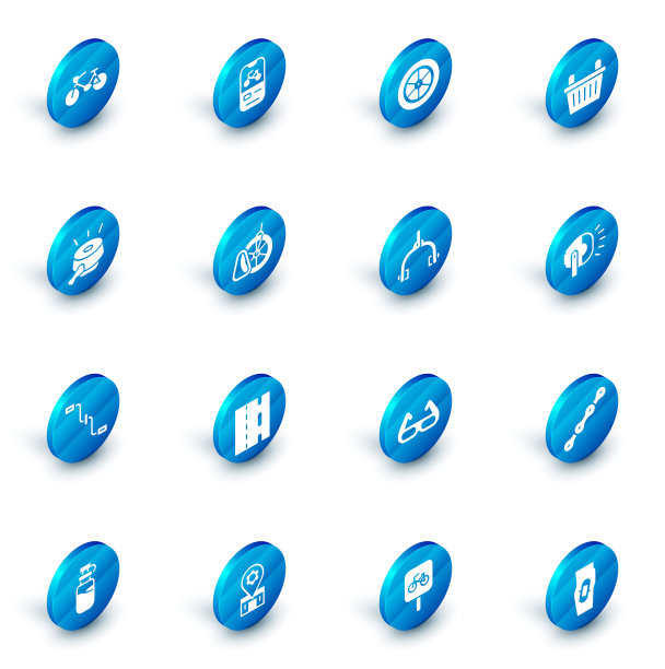 设置自行车租赁手机app，车轮，篮子，铃铛，踏板，停车，头灯和刹车卡钳图标。向量图片下载