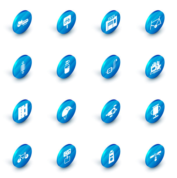 设置自行车停车，维修服务，框架，悬挂，车道，运动水瓶与水，手套和踏板图标。向量图片下载