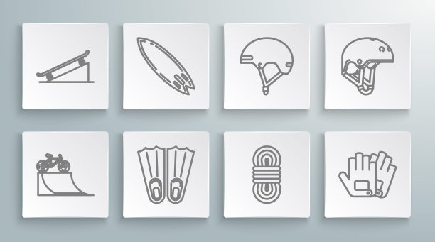 设置线自行车在街道坡道，冲浪板，橡胶鳍游泳，攀登者绳，手套，头盔，和滑板图标。向量图片下载