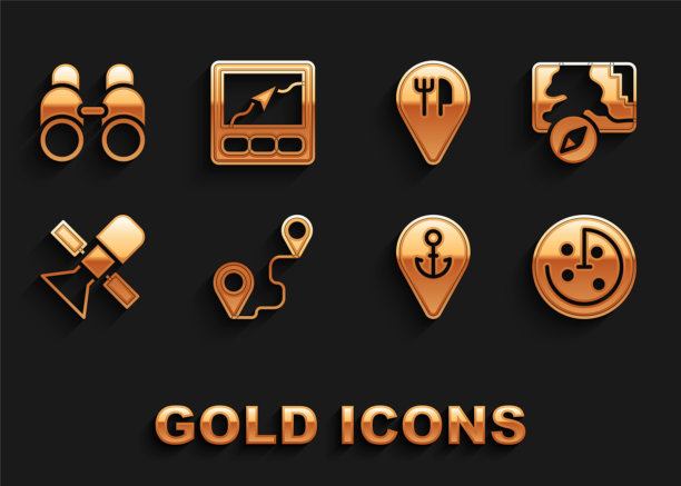 设置路线定位，城市地图导航，雷达目标监视器，定位锚，卫星，咖啡馆和餐厅，望远镜和Gps设备图标。向量图片下载