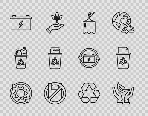设置线太阳能电池板，芽芽手环保，瓶，说不塑料袋海报，汽车电池，回收站与可回收的符号，图标。向量图片下载