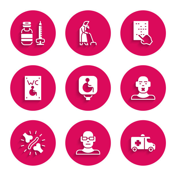 设置残疾人轮椅、视力差、急救车、聋哑头、关节痛、膝盖痛、残疾人专用厕所、盲文、注射器图标。向量图片下载
