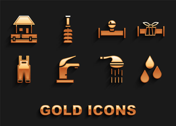 设置水龙头，工业金属管道，滴管，淋浴，工作工装裤，压力计，供应管道和厕所刷图标。向量图片下载