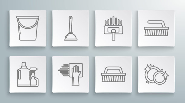 设置塑料瓶液体洗碗液，马桶柱塞，清洁服务，刷清洁，洗碗，吸尘器，桶图标。向量图片下载