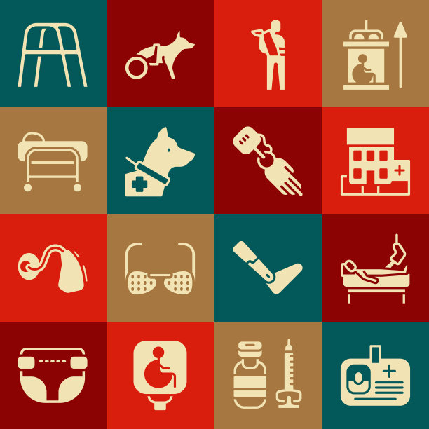 集合识别徽章，断腿病人，医院大楼，人的手臂，导盲犬，担架，Walker和假手图标。向量图片下载