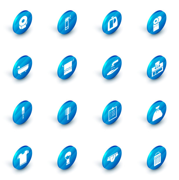 设置瓶子喷嘴喷雾，瓶子清洁剂，卫生纸卷，浴缸，卫生棉条，毛巾衣架，湿纸巾包和洗手皂图标。向量图片下载