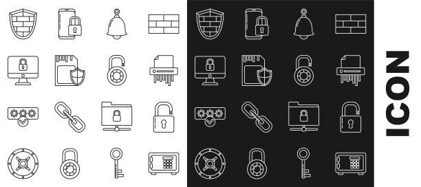设置线路安全，打开挂锁，碎纸机机密，铃声，SD卡和屏蔽，锁定电脑显示器屏幕，屏蔽与网络安全砖墙和组合车轮图标。向量图片下载