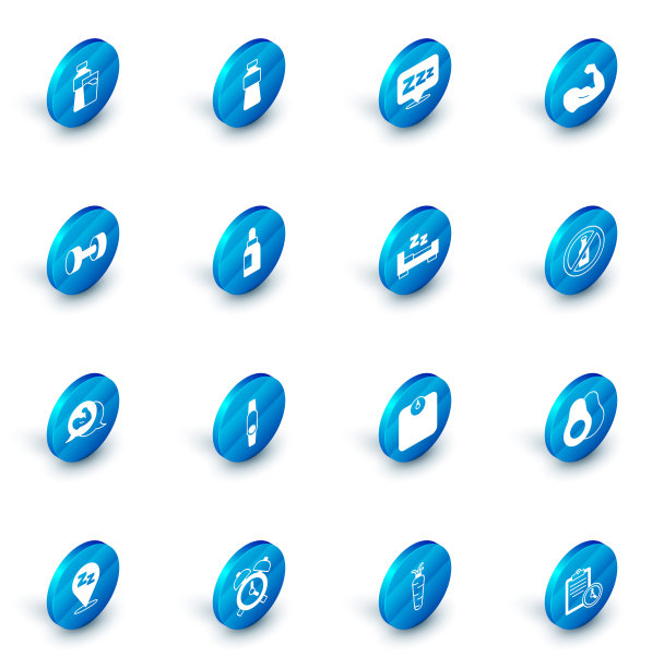 设置水瓶，瞌睡，健美肌肉，哑铃，精油瓶，无酒精和时间睡觉图标。向量图片下载