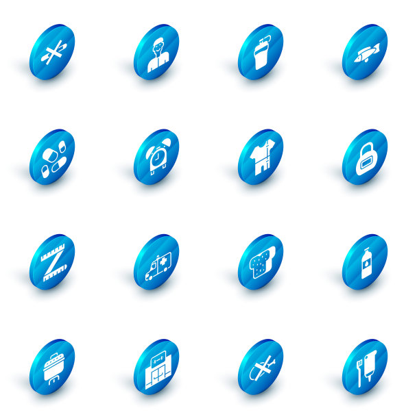 设置积极思考，健身摇瓶，鱼，维生素片，卷尺，闹钟，水壶和运动服图标。向量图片下载