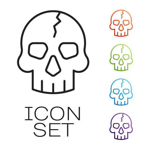 黑线骷髅图标隔离在白色背景。海盗船长。快乐的万圣节派对。设置图标丰富多彩。向量图片下载