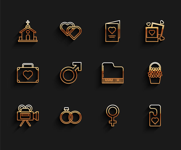 电影镜头，结婚戒指，教堂建筑，女性性别象征，请不要与心打扰，男性，花篮和钢琴图标。向量图片下载