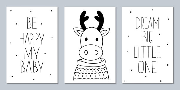 集斯堪的纳维亚单色海报与动物和说明。用黑白墙壁艺术来装饰孩子的房间图片下载