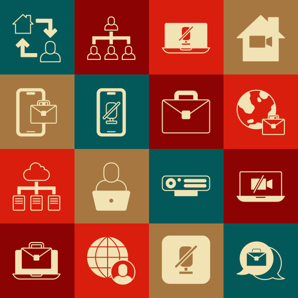 设置在线工作，关闭笔记本电脑上的摄像头，静音麦克风，手机，自由职业者，公文包图标。向量图片下载