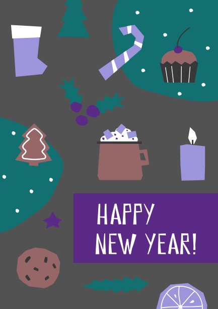 向量礼品卡与平面几何元素的圣诞晚餐和文本-新年快乐。圣诞纸杯蛋糕，可可杯，浆果，糖果和姜饼饼干图片下载