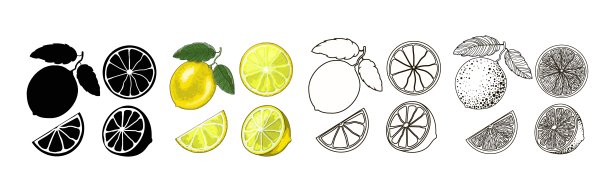 四组柠檬-黑色剪影，卡通，涂鸦和轮廓风格。一个柠檬在树枝上，有两片叶子，一半和两片分开放在白色的背景上。向量图片下载