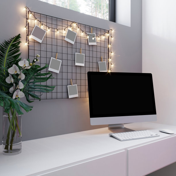 电脑显示的模型桌上，室内，斯堪的纳维亚风格，3D渲染图片下载