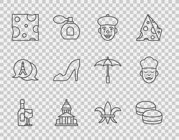 集线玻璃瓶，马卡龙饼干，法国哑剧，博物馆建筑，奶酪，女人鞋，芙蓉De Lys和库克图标。向量图片下载