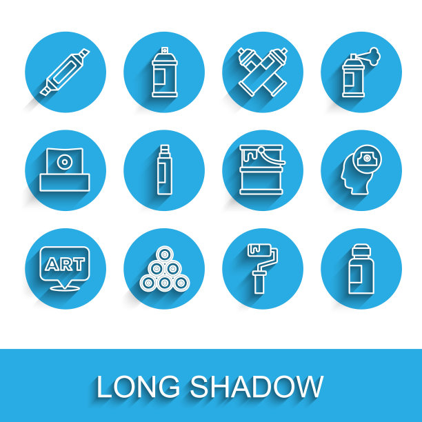 设置线语音气泡与文字艺术，油漆喷罐，记号笔，滚筒刷，油漆，水粉，罐子，染料，喷嘴盖和桶图标。向量图片下载