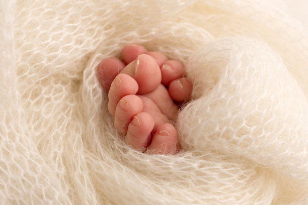 新生儿的腿，脚趾，脚和脚跟。裹在白色的针织毯子里图片下载