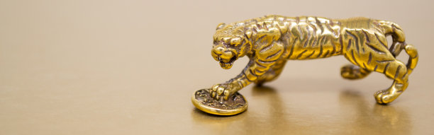 横幅上有铜雕老虎图案和一枚硬币——2022年中国农历新年的象征，金色背景，复制空间。祝你好运，财源滚滚图片下载