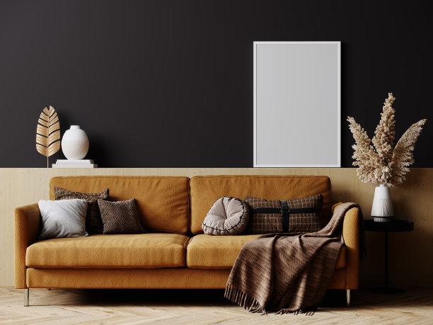 时尚的室内明亮的客厅与棕色沙发，植物和茶几装饰。黑暗的客厅室内模型。现代化的设计房间，明亮的日光。三维渲染图片下载