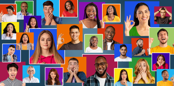 兴奋、震惊和困惑的千禧一代多民族人群，做手势，展示OK手势，庆祝胜利图片下载