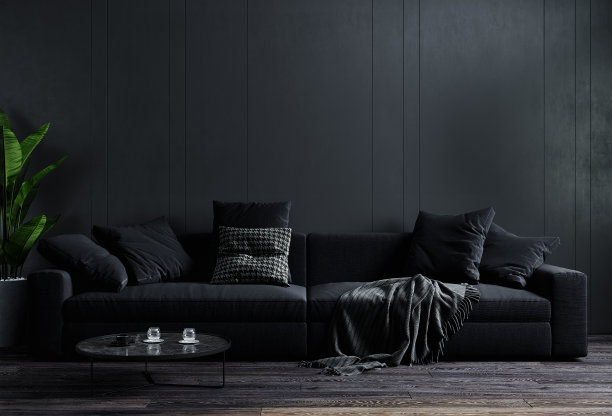 时尚的深色客厅室内背景，黑色墙面，斯堪的纳维亚风格，3D插画。客厅模型。三维渲染图片下载