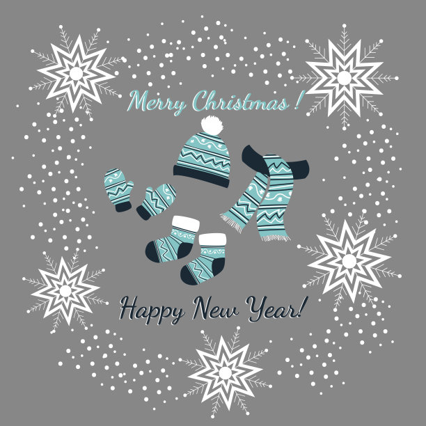 一套可爱的冬季饰品-袜子，手套，带装饰品的帽子。用于温暖散步的季节性羊毛衣服。雪花和题词圣诞快乐，新年快乐。矢量插图。图片下载