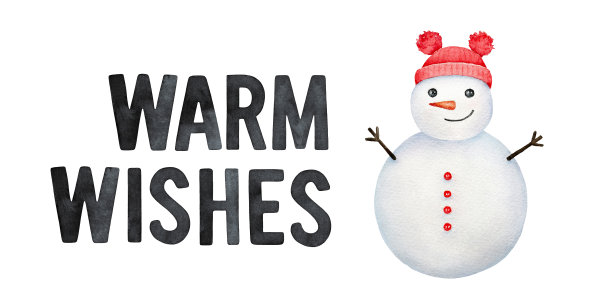 水彩插图“温暖的愿望”文字装饰与小拥抱雪人。图片下载