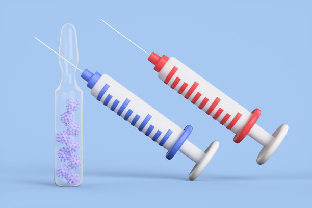 装有冠状病毒疫苗的玻璃安瓿，旁边是蓝色背景的卡通注射器图片下载