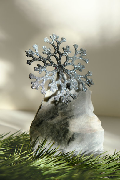 最小的圣诞组成。天然大理石台面，搭配银光闪闪的雪花和松枝。图片下载