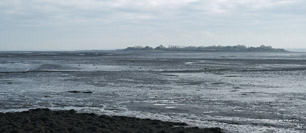 退潮时遥望神秘的大洋岛。黑水河河口，埃塞克斯图片下载