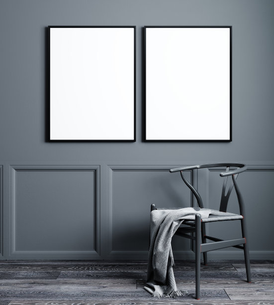 空白的两个海报框架模拟在斯堪的纳维亚风格的客厅内部，3d渲染图片下载