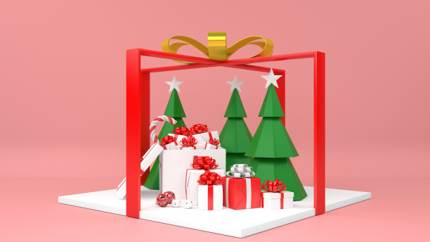 抽象的圣诞节最小的模拟场景。几何裙台形状的产品展示模型，底座台阶。新年快乐在彩色背景3D渲染。图片下载