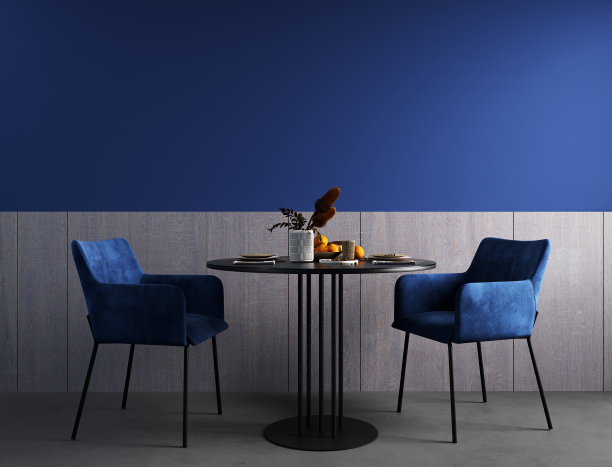 现代餐厅的室内设计，黑色的桌子和蓝色的椅子3d渲染图片下载