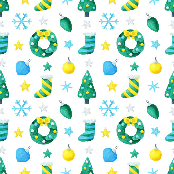 无缝的图案与新年的设计。花环、圣诞树、花环、星星、圣诞球、雪花，在白色的背景上。水彩节日装饰。可爱的印刷与圣诞节插图图片下载