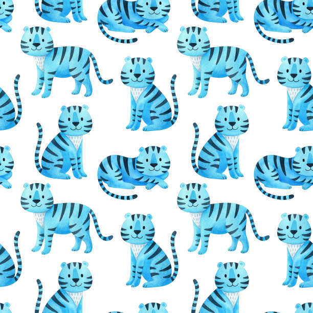 无缝图案与蓝色老虎。无尽的新年装饰在白色的背景上2022。一个可爱的卡通动物的水彩画。印刷礼品包装，墙纸，纸张，织物图片下载