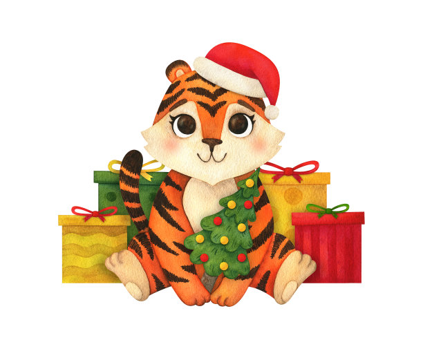 可爱的老虎幼崽戴着圣诞帽，带着礼物和圣诞树。水彩画插图，剪纸符号新的一年2022。一个卡通动物坐在圣诞装饰。打印明信片图片下载