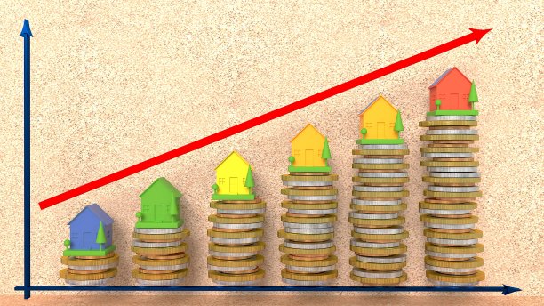 3 d演示。房子在越来越多的硬币和带箭头的图表上图片下载