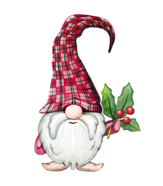 水彩圣诞节侏儒卡通风格与冬青在手中。用于新年贺卡或印刷品的有趣插图图片下载
